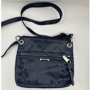 Rosetti Navy Floral Embroidered Crossbody Bag Faux Leather Adjustable Strap